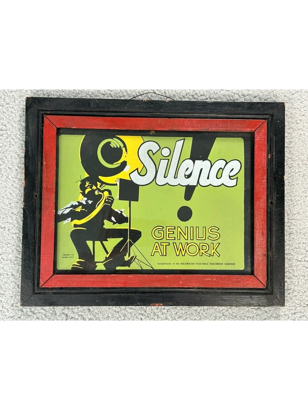 Vintage Silence Genius At Work Sign Framed Kalamazoo Vegetable Parchment 15